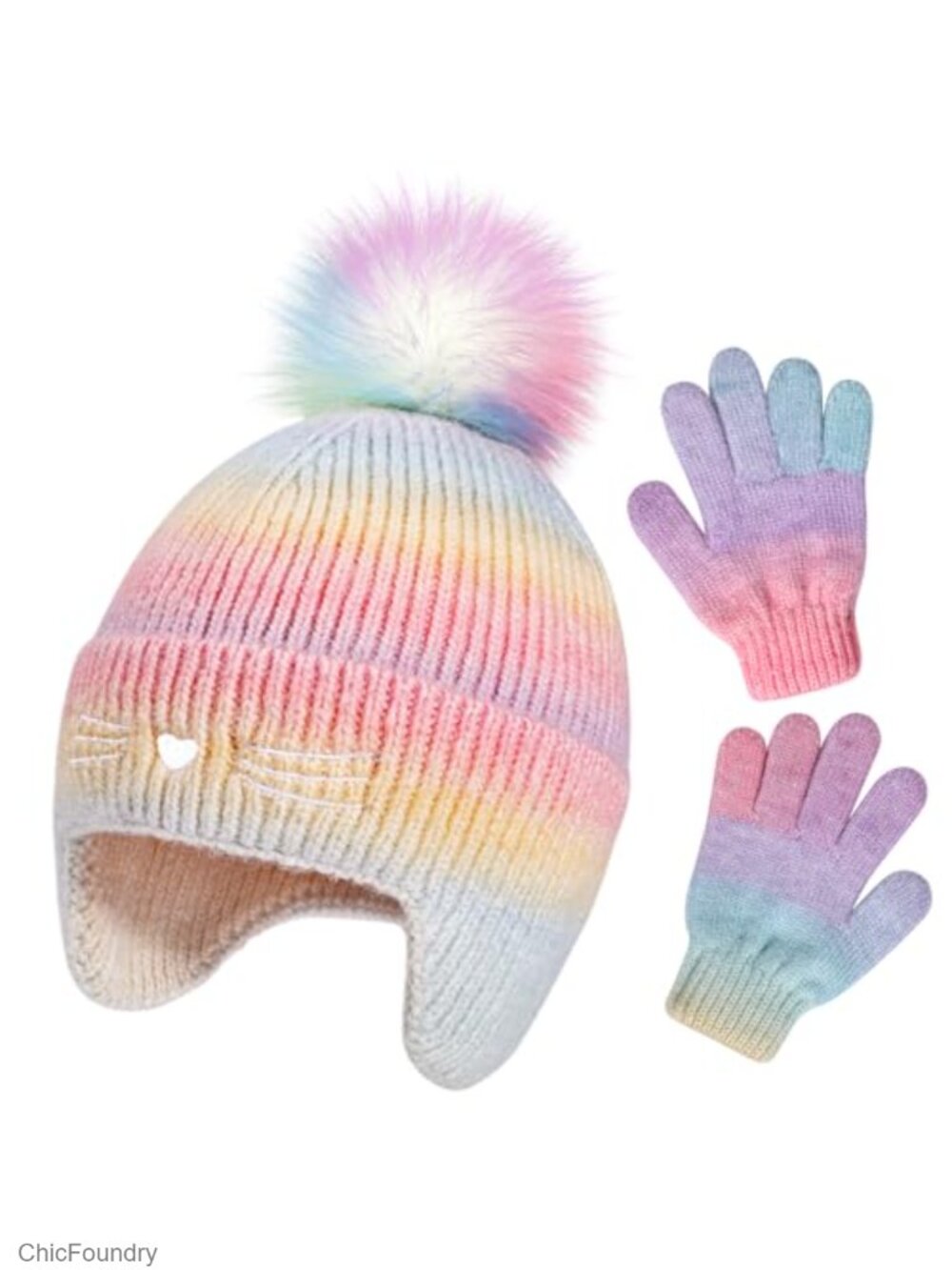 Cat Face Earflap Beanie and Gloves Set Rainbow Pom Knit Winter Snow Ski Caps